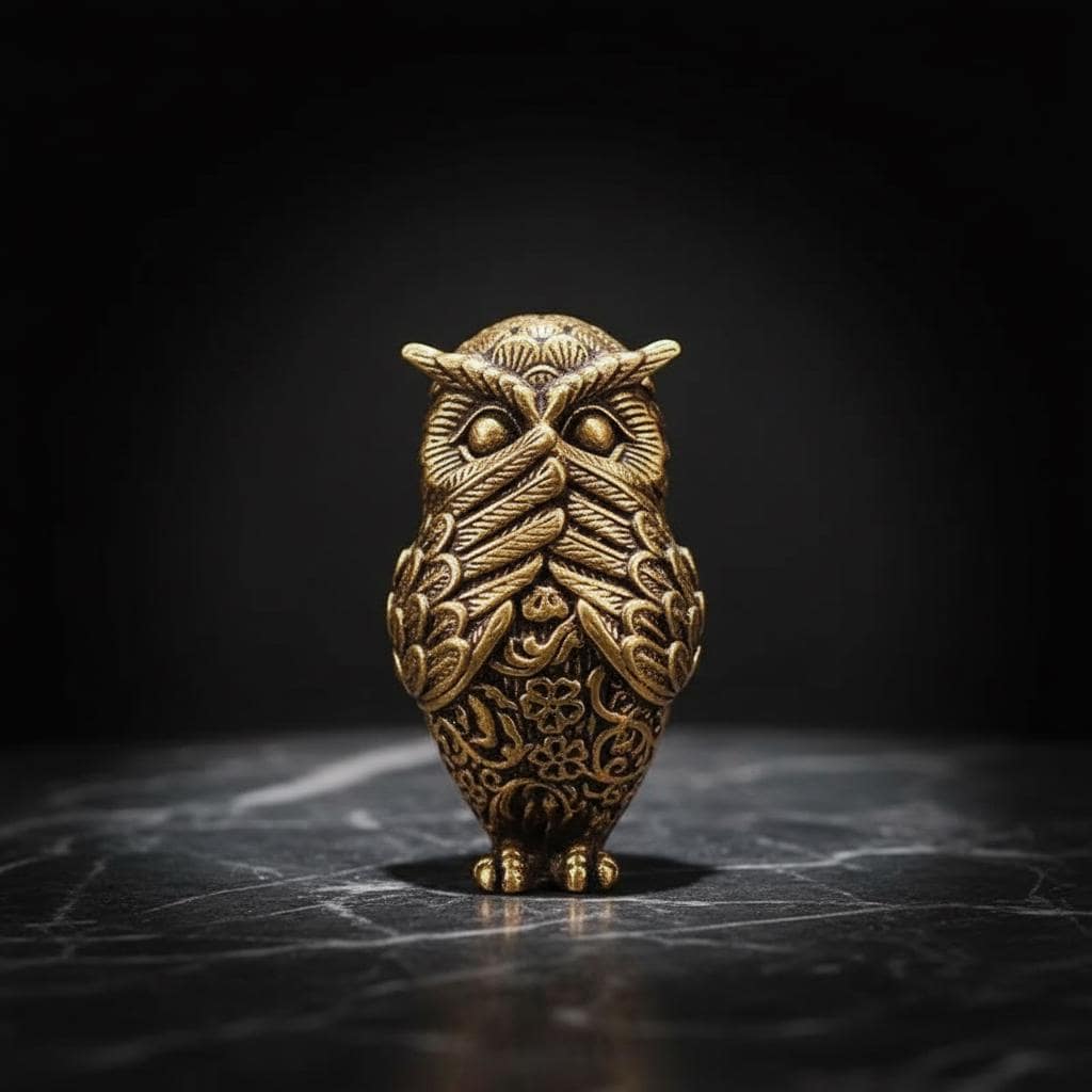 Solid Brass Owl Figurine Speak No Evil Retro Style Pendant Keychain Charm Miniature Bird Statue Desk