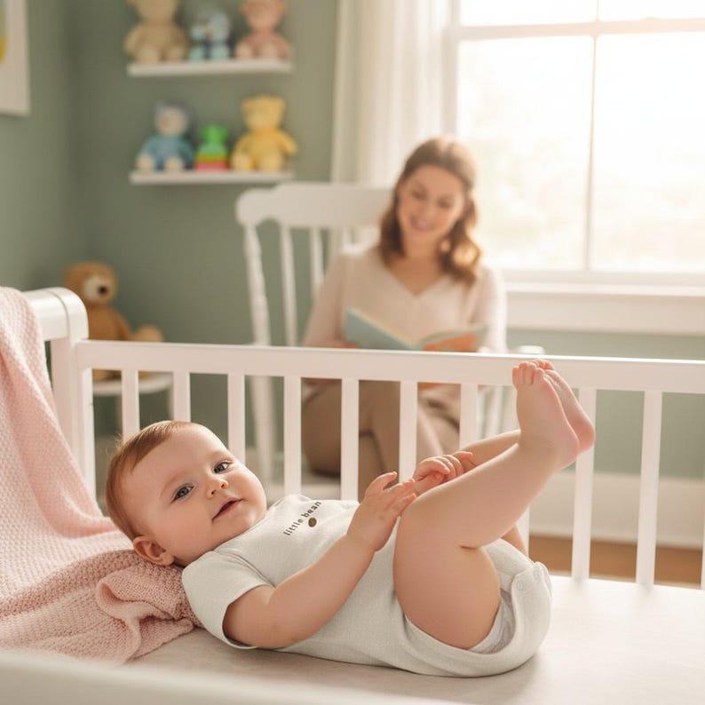 K&ouml;nnte beinhalten: Ein Baby in einem wei&szlig;en Body mit dem Text "Little bean" liegt in einem wei&szlig;en Kinderbett, die F&uuml;&szlig;e in der Luft. Eine rosa Decke ist &uuml;ber die Seite drapiert. Im Hintergrund liest eine Frau ein Buch.