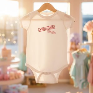 May include: A white baby onesie with short sleeves and a round neckline hangs on a wooden hanger. The onesie has the words "INTELLECTUAL VERIFIED" printed in red. The background is a soft, blurred image of a baby boutique.