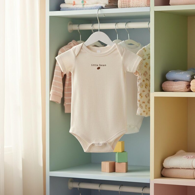 K&ouml;nnte beinhalten: Cremefarbener Baby-Body mit dem Text "little bean" in Braun. Der Body h&auml;ngt an einem wei&szlig;en Kleiderb&uuml;gel in einem Schrank mit anderer Babykleidung. Holzbl&ouml;cke sind darunter gestapelt.