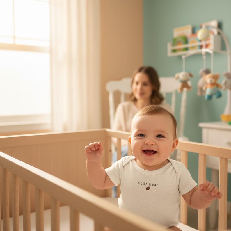 K&ouml;nnte beinhalten: Ein l&auml;chelndes Baby in einem Holzbettchen, das einen wei&szlig;en Body mit dem Text "little bean" und einer Kaffeebohnengrafik tr&auml;gt. Im Hintergrund ist eine Frau zu sehen. Das Bettchen befindet sich in einem Raum mit einem Fenster und einem Mobile.