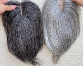 ソルト＆ペッパー 人毛ブレンド トッパー 8×11 cm シルクベース クリップインヘアピース