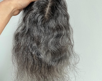 Black Silver Curly Salt & Pepper Human Hair Topper 8*11 cm Silk Base Hairpiece