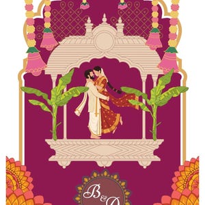 May include: An illustrated wedding invitation featuring a couple embracing under an archway. The design incorporates traditional Indian motifs, including floral garlands, banana leaves, and a circular emblem with the initials "B&A". The color palette includes shades of burgundy, gold, and pink.