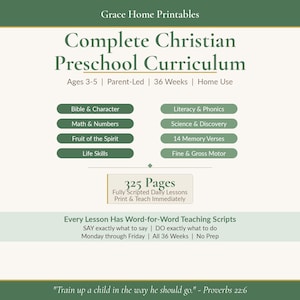 May include: A cream-colored printable featuring the text "Complete Christian Preschool Curriculum" for ages 3-5. Includes lesson topics like Bible & Character, Math & Numbers, and Literacy & Phonics. The document has 325 pages and is designed for home use.
