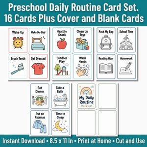 May include: A preschool daily routine card set featuring 16 illustrated cards, a cover card labeled My Daily Routine with a rainbow, and blank cards. Each card displays a task like Wake Up, Brush Teeth, or School Time with colorful icons.