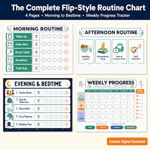 May include: A four-page flip-style routine chart featuring sections for Morning Routine, Afternoon Routine, Evening & Bedtime, and a Weekly Progress tracker. The charts include icons, task lists, flip-me tabs, and check circles for daily habit tracking.