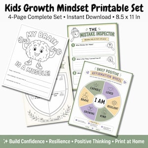 Pode incluir: Um conjunto imprimível de 4 páginas intitulado Kids Growth Mindset Printable Set, medindo 21,59 x 27,94 cm. As páginas apresentam desenhos em preto e branco, incluindo um cérebro levantando halteres, uma folha de exercícios Mistake Inspector.