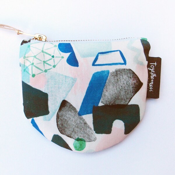 Small Semicircle Coin Purse with Modern Printed Geometric Shapes Textiles Pattern