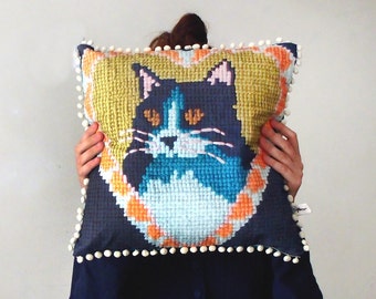 Vintage Style Cat Needlework Pom Pom Cushion Cover - Digitally Printed Embroidered PIllow