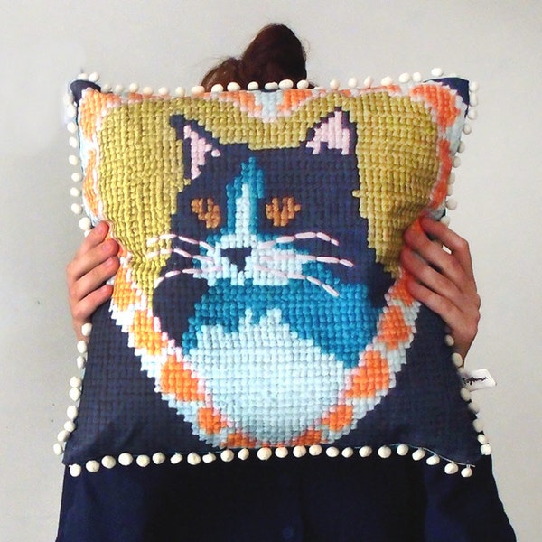 Vintage Style Cat Needlework Pom Pom Cushion Cover - Digitally Printed Embroidered PIllow