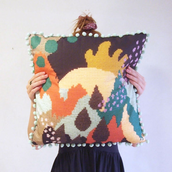 Unique Printed Meandering Cushion Cover with Abstract Needlework Design and Pom Pom Trim