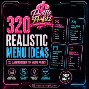 May include: A digital PDF document titled Pretty Profitz featuring 320 realistic menu ideas for cam models. The graphic includes four categorised tip menu pages, icons for room menus, toy and game menus, show-type menus, and premium niche menus.