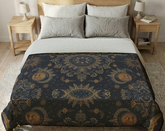 Celestial Moon Sun Mandala Cotton Duvet Cover | Starry Night Gothic Duvet Cover | Whimsigoth Decor | Boho Duvet Cover | Witchy Bedding