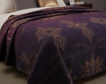 Colcha gótica mística, roupa de cama barroca roxa e dourada, colcha estilo Dark Academia, decoração de quarto gótica e extravagante, manta boho gótica, roupa de cama com temática de bruxaria