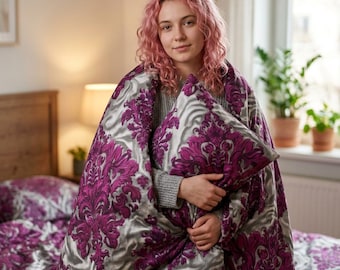 Ornate Purple Damask Duvet Cover Bed Set | Floral Baroque Pattern | Whimsigoth Decor | Vintage Elegance Bedding | Victorian Luxury Duvet Set