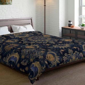 Edredón de mandala con diseño de luna celestial y sol / Ropa de cama bohemia de noche estrellada / Decoración Whimsigoth
