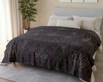 Dark Floral Damask Polyester Fleece Blanket | Victorian Gothic Throw | Dark Cottagecore Home | Whimsigoth Decor | Shadow Bloom Collection