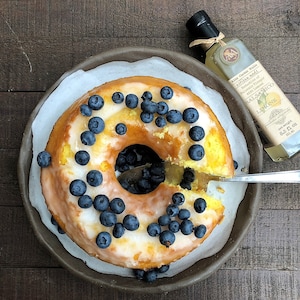 Lemon Olive Oil Pound Cake with Lemon Glaze and Blueberries
