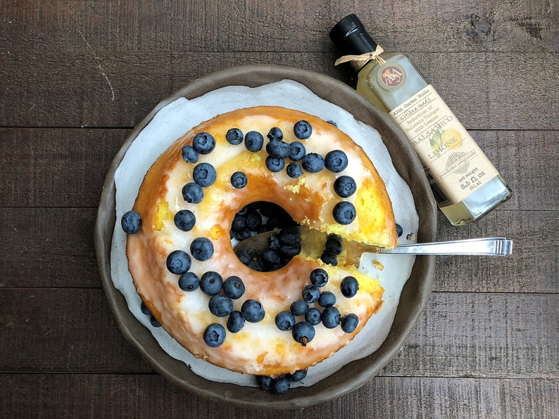 Lemon Olive Oil Pound Cake with Lemon Glaze and Blueberries