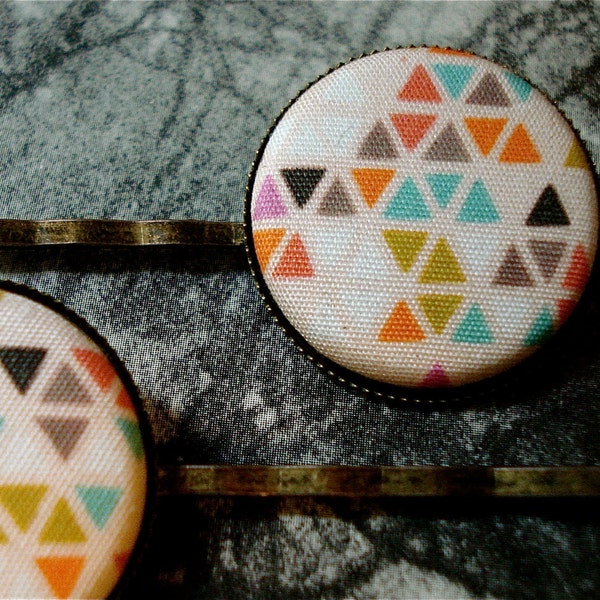 Fabric Button Tribal Triangle Print Bobby Pin Set of 2