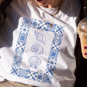 Nautical Shell Trio T-Shirt | Blue Tile Border, Seashell Art