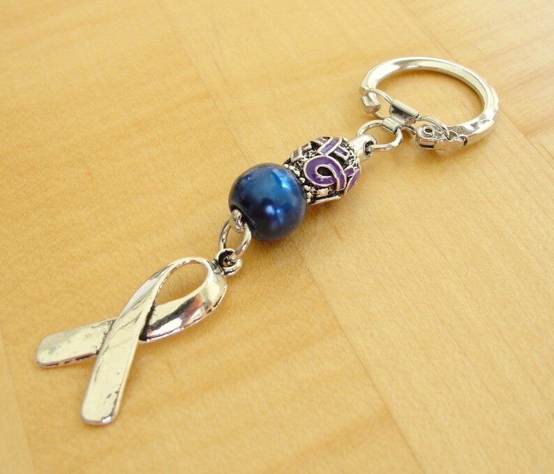 Purple and Blue Awareness Keychain Lightweight Rheumatoid Arthritis / RA & Pediatric Stroke Purple Ribbon