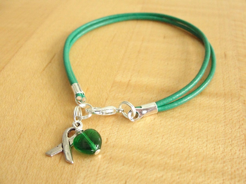 Green Awareness Bracelet Leather Cerebral Palsy, Glaucoma, Kidney Disease, Liver Cancer, Organ Donation, Mitochondrial Disease, HPV image 4