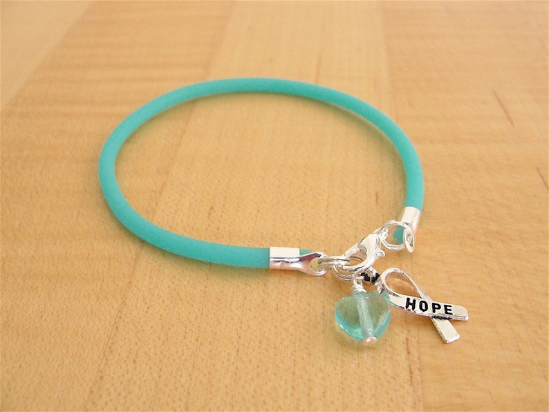 Teal Awareness Bracelet Rubber PTSD, Myasthenia Gravis, Ovarian Cancer, Scleroderma, Tourette Syndrome, Interstitial Cystitis & More HOPE Ribbon Charm