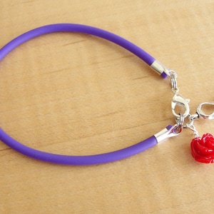 Cystic Fibrosis Awareness Bracelet - Purple Rubber with Red Rose
