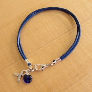 Blue Awareness Bracelet Leather POTS,CFS, ARDS, Colon Cancer, Crohns & More Plain Ribbon Charm