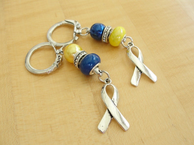 May include: Two silver keychains with blue and yellow beads and silver ribbon charms. The ribbons are tied in a bow.