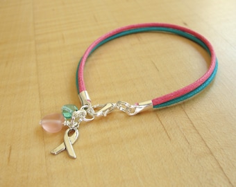 Hereditary Breast & Ovarian Cancer  Awareness Bracelet - Cotton - Pink and Teal Awareness  BRCA HBOC
