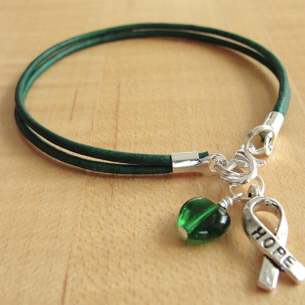 Green Awareness Bracelet (Leather) - Cerebral Palsy, Glaucoma, Kidney Disease, Liver Cancer, Organ Donation, Mitochondrial Disease, HPV