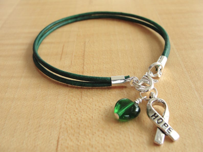 Green Awareness Bracelet Leather Cerebral Palsy, Glaucoma, Kidney Disease, Liver Cancer, Organ Donation, Mitochondrial Disease, HPV image 1