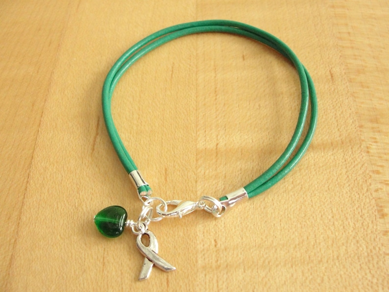 Green Awareness Bracelet Leather Cerebral Palsy, Glaucoma, Kidney Disease, Liver Cancer, Organ Donation, Mitochondrial Disease, HPV image 3