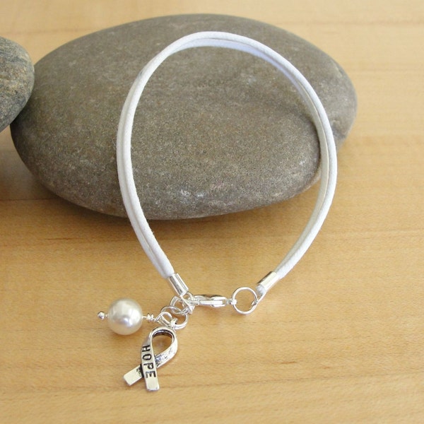 Pearl Awareness Bracelet (White Cotton/Poly )  - Emphysema, COPD, Lung Cancer/Disease, Mesothelioma, MS & More