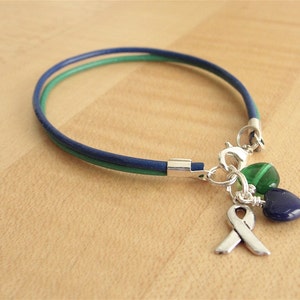Blue and Green Awareness Bracelet (Leather) - Intracranial Hypertension IH / Pseudotumor Cerebri PTC
