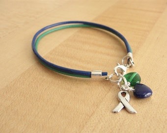 Blue and Green Awareness Bracelet (Leather) - Intracranial Hypertension IH / Pseudotumor Cerebri PTC