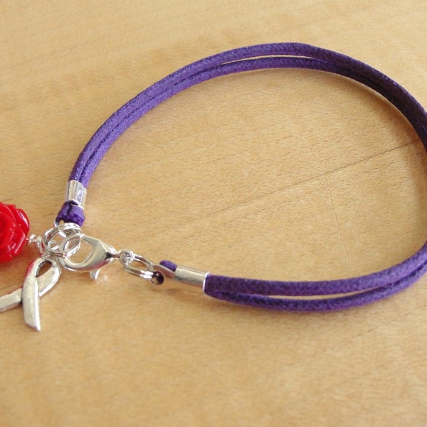 Cystic Fibrosis Awareness Bracelet - Purple Cotton with Red Rose