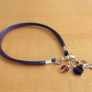 Puede incluir: Un brazalete de cordón azul y morado con abalorios plateados, incluyendo un abalorio en forma de corazón con una piedra azul, una pequeña piedra morada y un abalorio plateado con la palabra "HOPE" en él.
