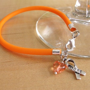 May include: Orange silicone bracelet with a silver clasp and a charm featuring a small orange heart and a silver ribbon with the word "HOPE" engraved on it.