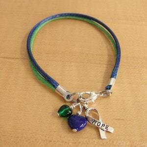Blue and Green Awareness Bracelet (Cotton) - Intracranial Hypertension IH / Pseudotumor Cerebri PTC
