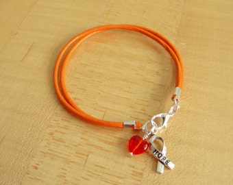 Orange Leather Awareness Bracelet -  Agent Orange, DVT, Kidney cancer, Leukemia, Multiple Sclerosis, RSD, Skin Cancer, Nerve Pain, COPD..