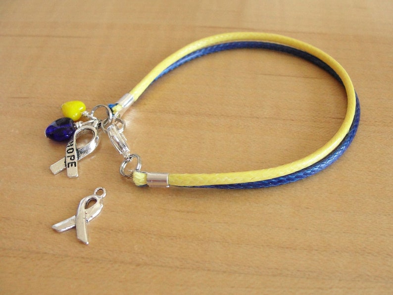May include: A yellow and blue braided bracelet with a silver charm featuring a ribbon with the word "HOPE" and two small glass beads, one yellow and one blue.
