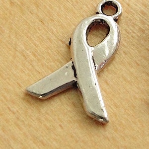May include: Silver charm in the shape of a ribbon. The ribbon is tied in a bow and has a loop at the top for attaching to a bracelet or necklace.