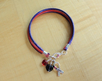 Purple and Red Cotton Awareness Bracelet -  Migraine Awareness - Desmoplastic Cancer - Solitary Mastocytoma Tumors