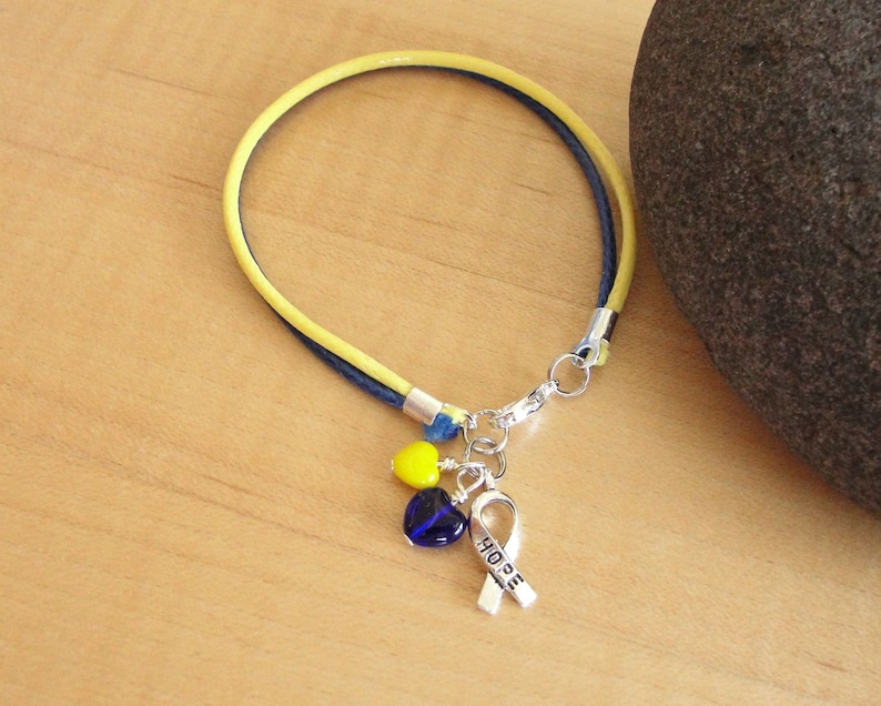 May include: Yellow and blue braided bracelet with a silver charm featuring a blue and yellow heart and a ribbon with the word "HOPE" on it.