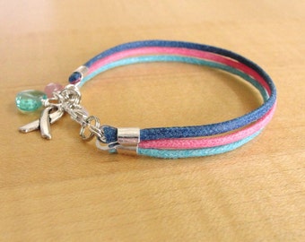 Thyroid Cancer Awareness Bracelet  (Cotton) -  Teal Pink and Blue