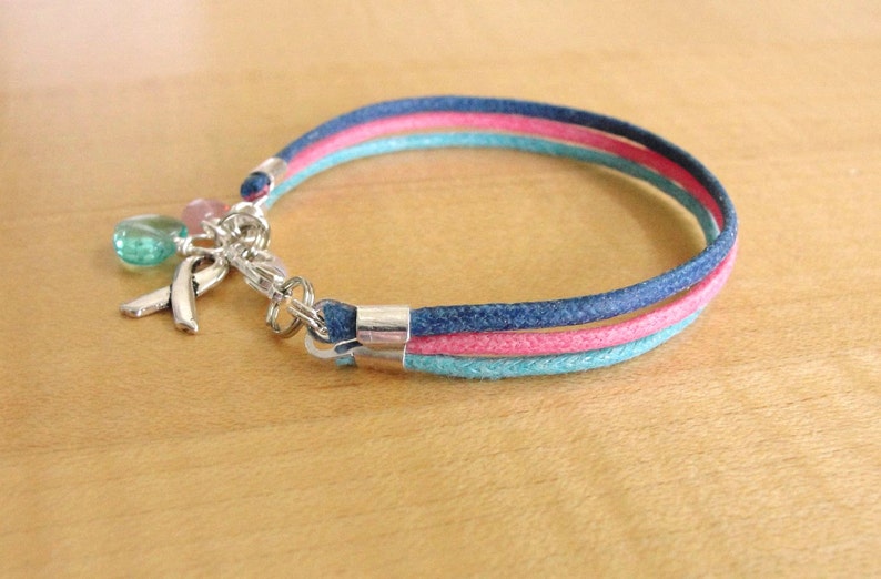 Thyroid Cancer Awareness Bracelet Cotton Teal Pink and Blue image 1